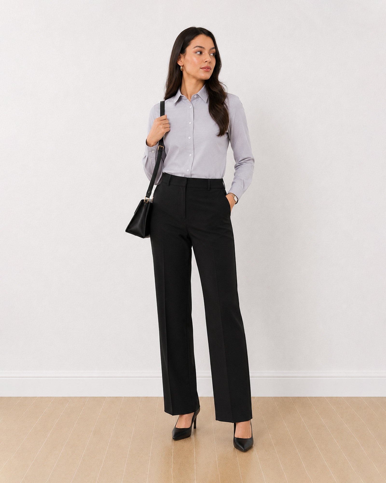Gazillion Aria stone grey 100% cotton formal shirt for women, full length front view