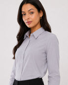 Aria stone grey Oxford cotton formal shirt waist up angled, smart workwear