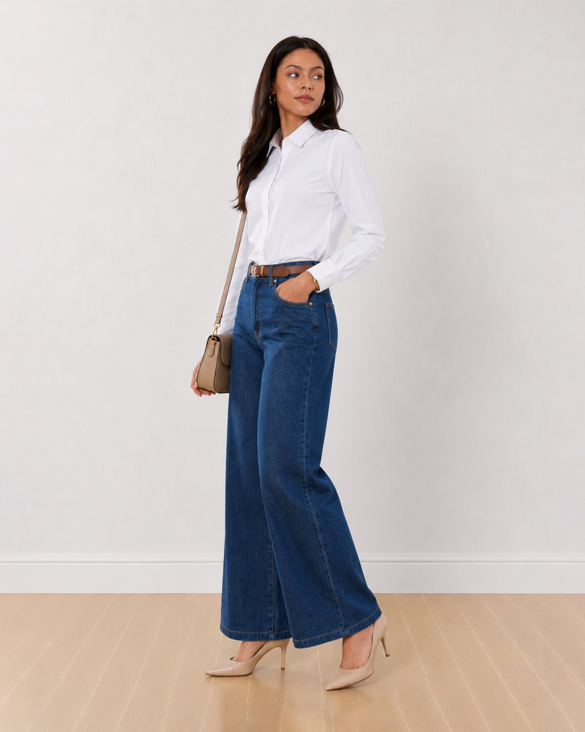 Aria white Oxford cotton formal shirt, angled view with the curved hem