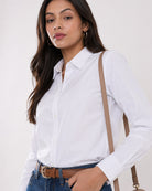 Aria white Oxford cotton formal shirt waist up angled, classy workwear