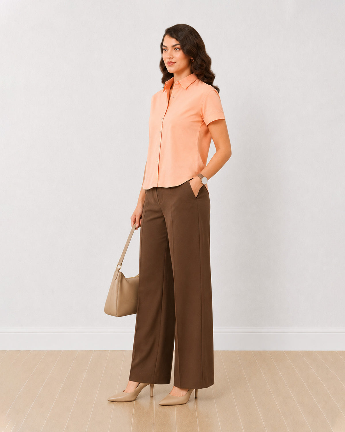 Ariana peach 100% slubbed cotton formal shirt, angled front view with half sleeves