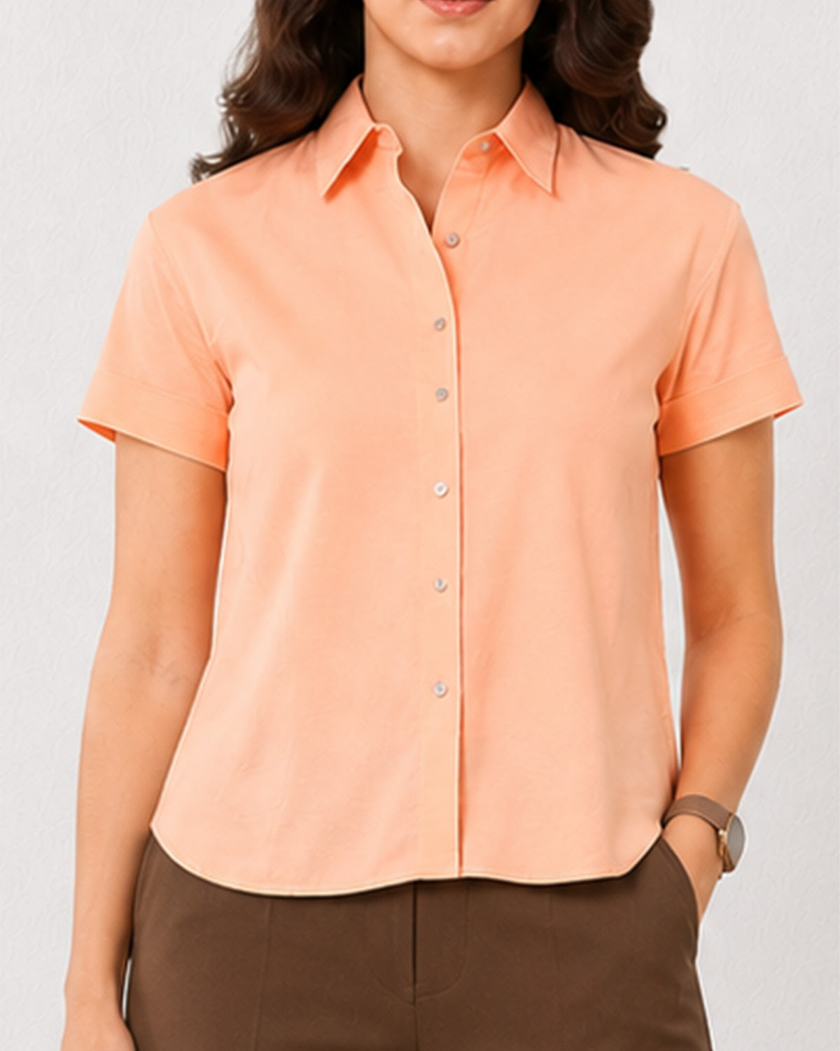 Ariana peach cotton shirt collar and placket with the hidden dignity buttons