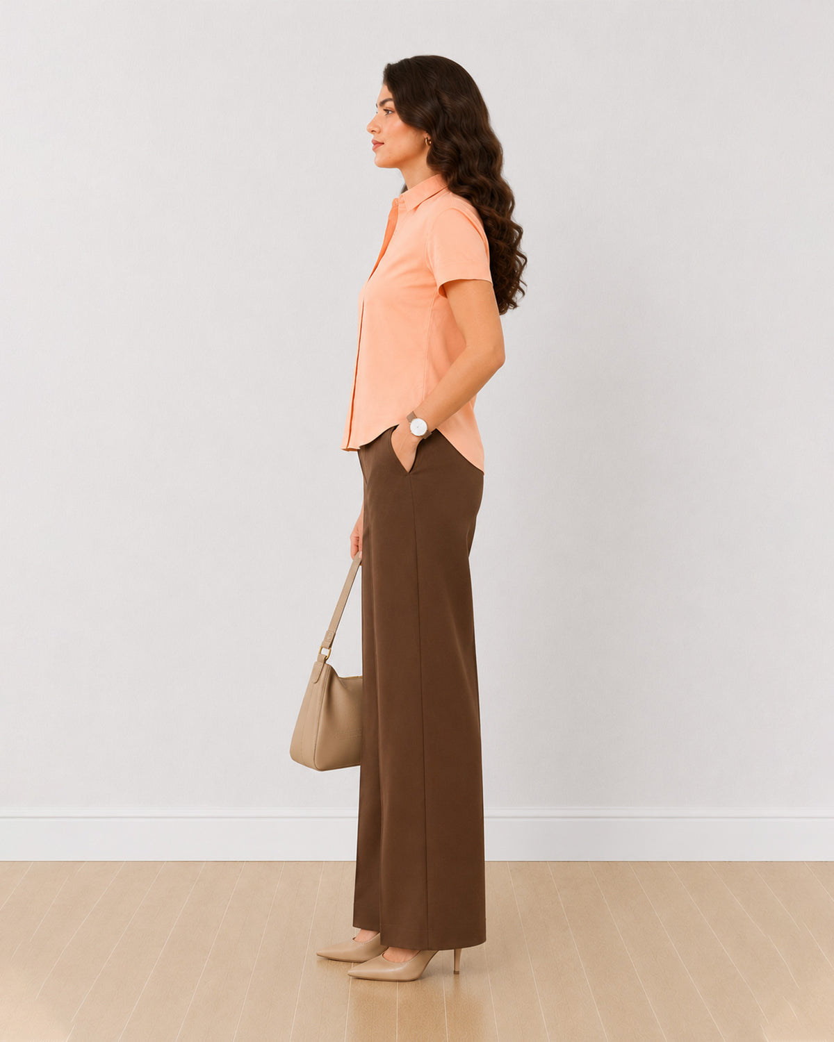 Ariana peach slubbed cotton formal shirt side profile with the curved hem