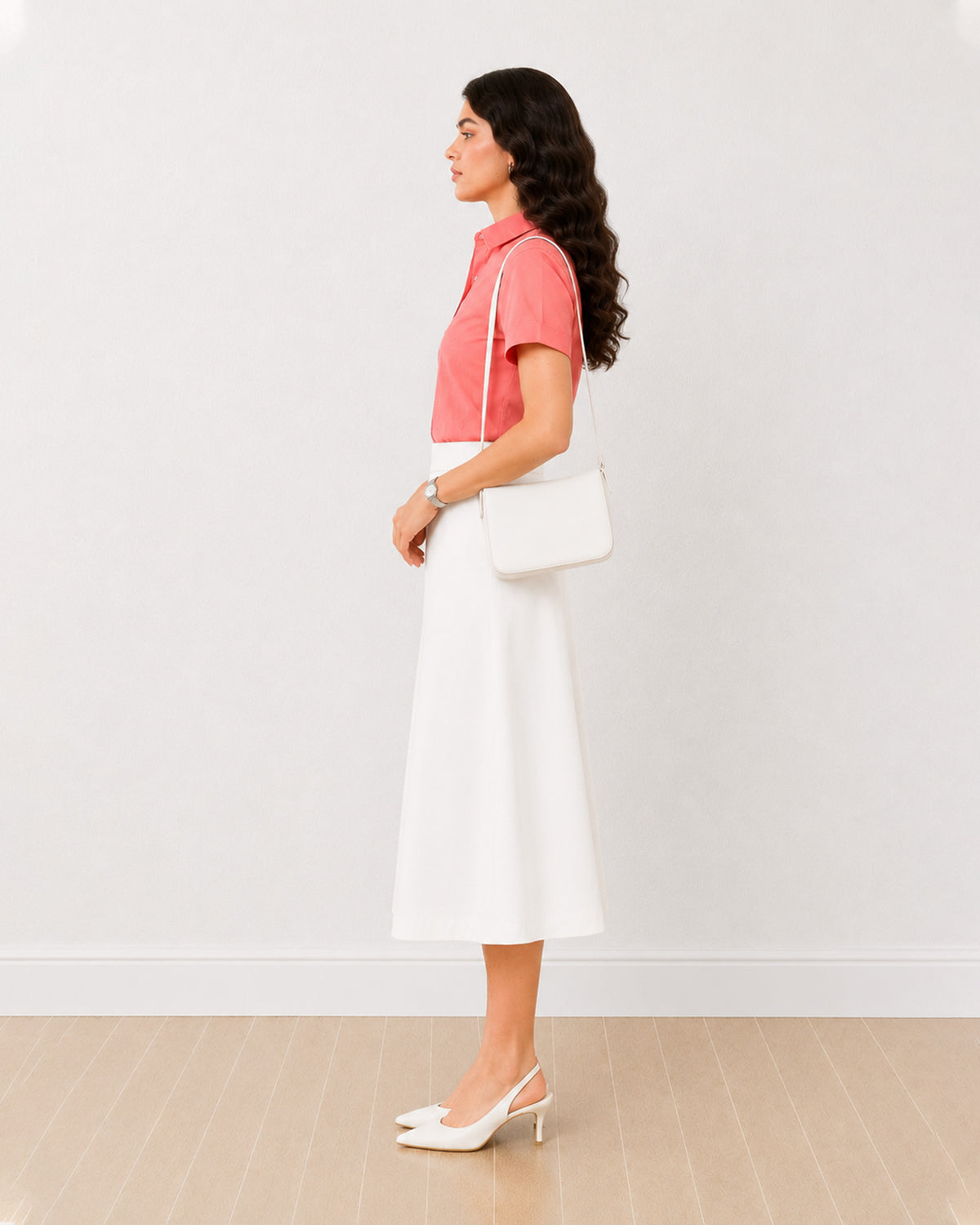 Ariana pink slubbed cotton formal shirt side profile with the curved hem