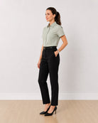 Ariana sage green 100% slubbed cotton shirt, angled front view with half sleeves