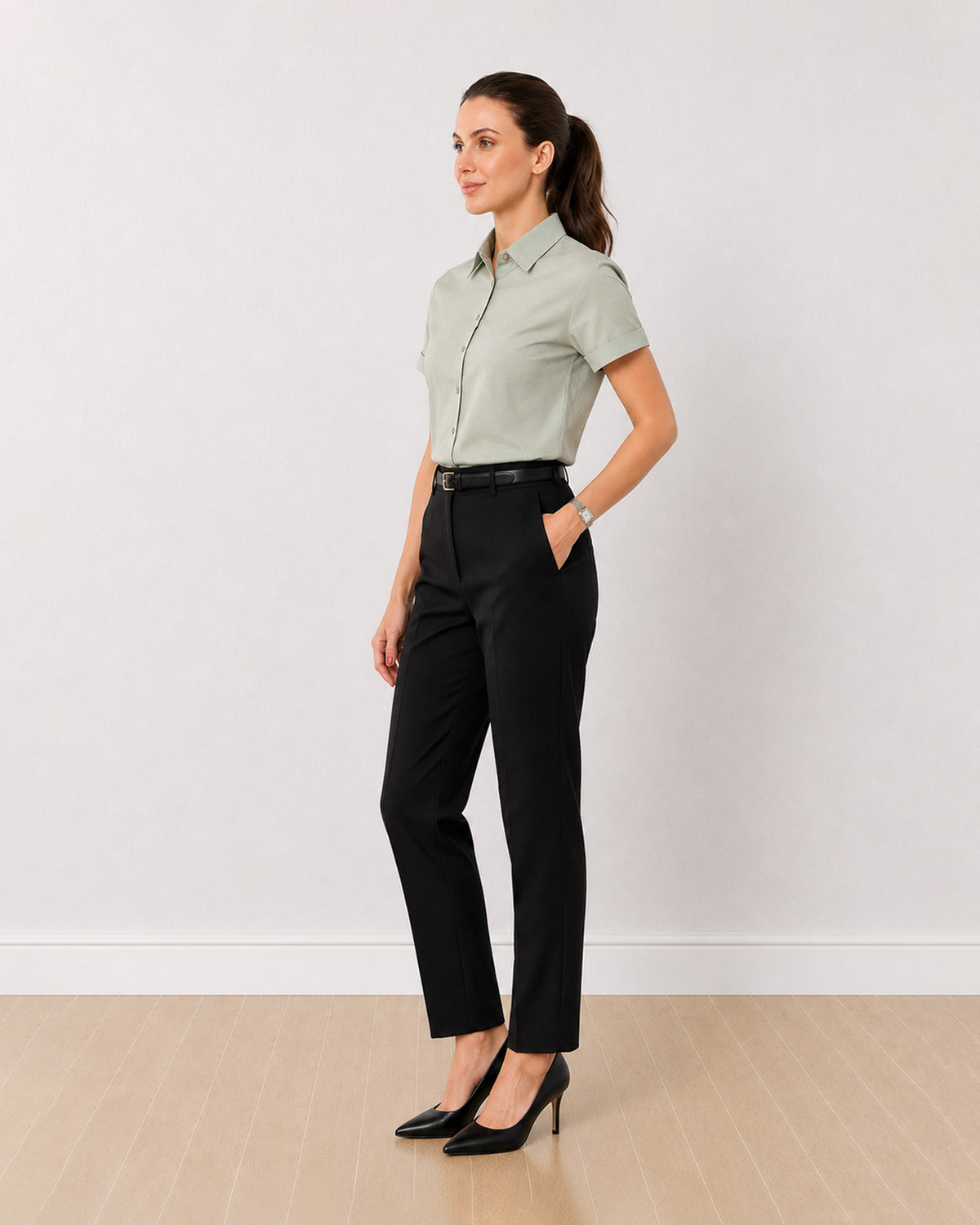 Ariana sage green 100% slubbed cotton shirt, angled front view with half sleeves