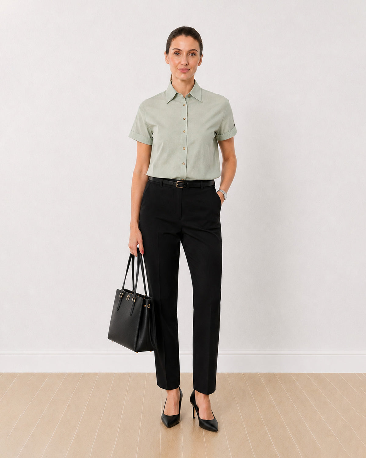 Ariana sage green cotton half sleeves shirt front view with turn-up cuffs