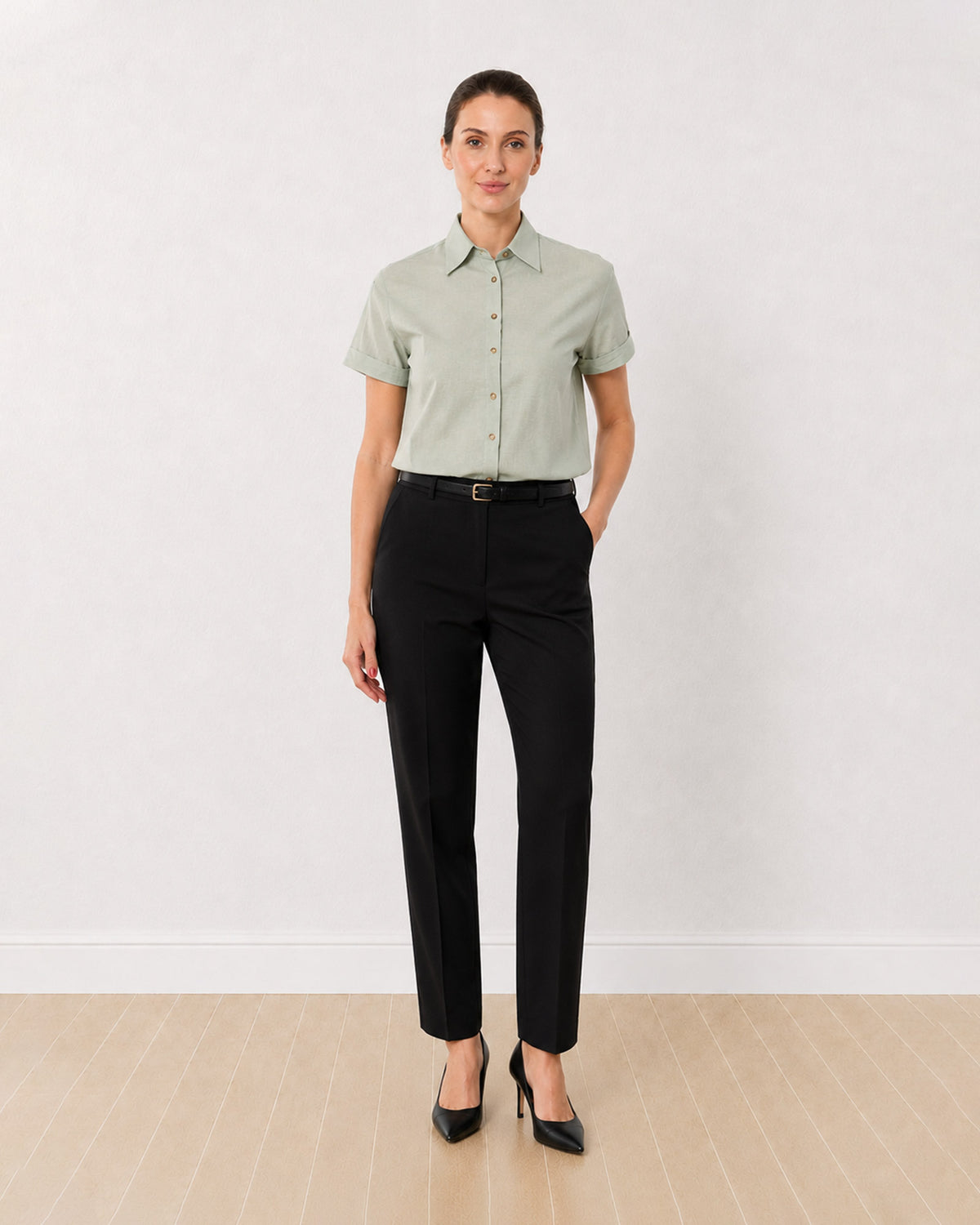 Gazillion Ariana sage green 100% cotton half sleeves shirt for women, front view