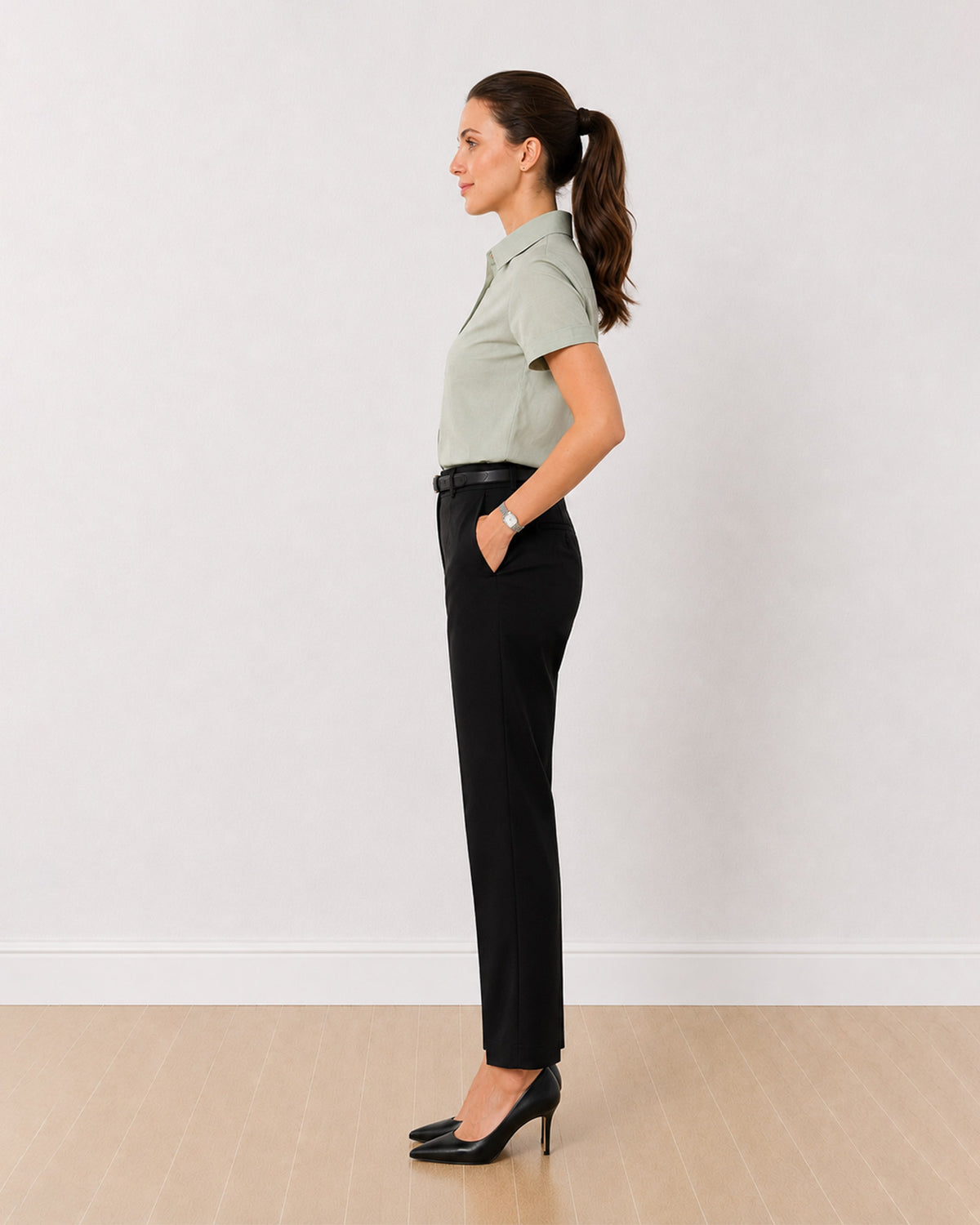Ariana sage green slubbed cotton shirt side profile with the curved hem