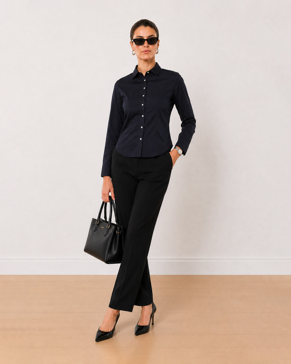Armani bright navy 100% cotton satin formal shirt, angled front view with darts
