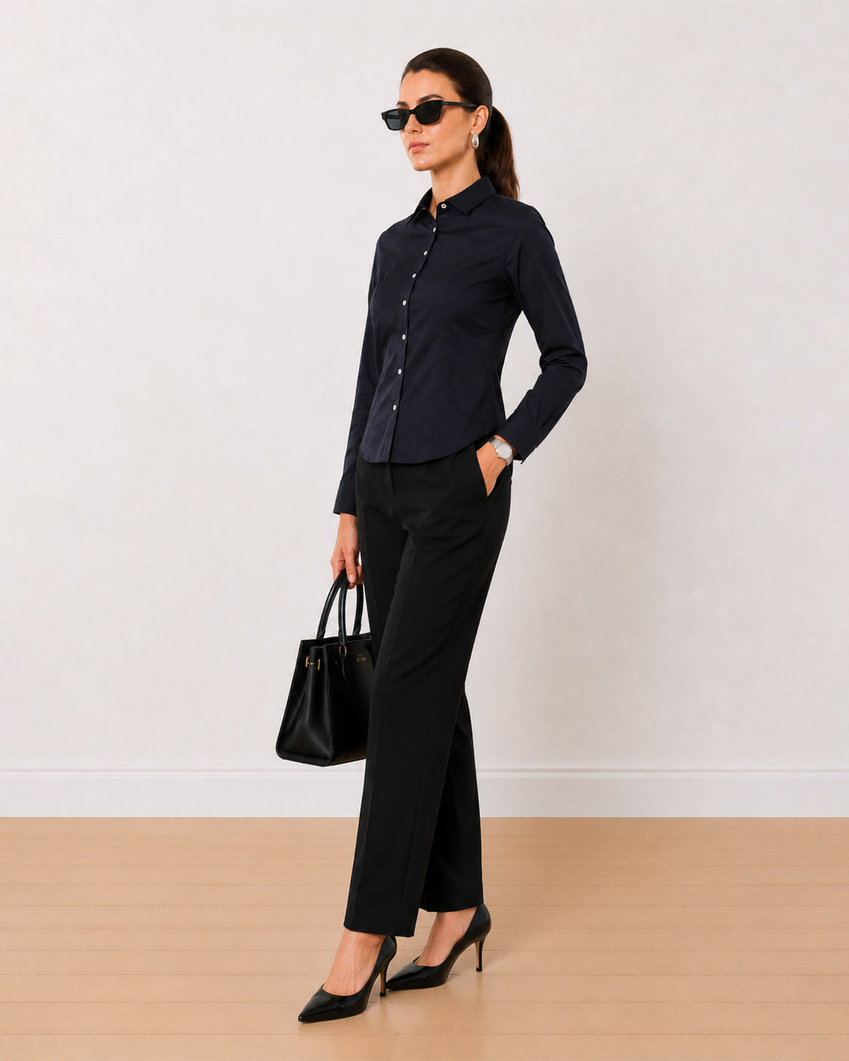 Armani bright navy cotton satin shirt, angled view with the snug tailored fit