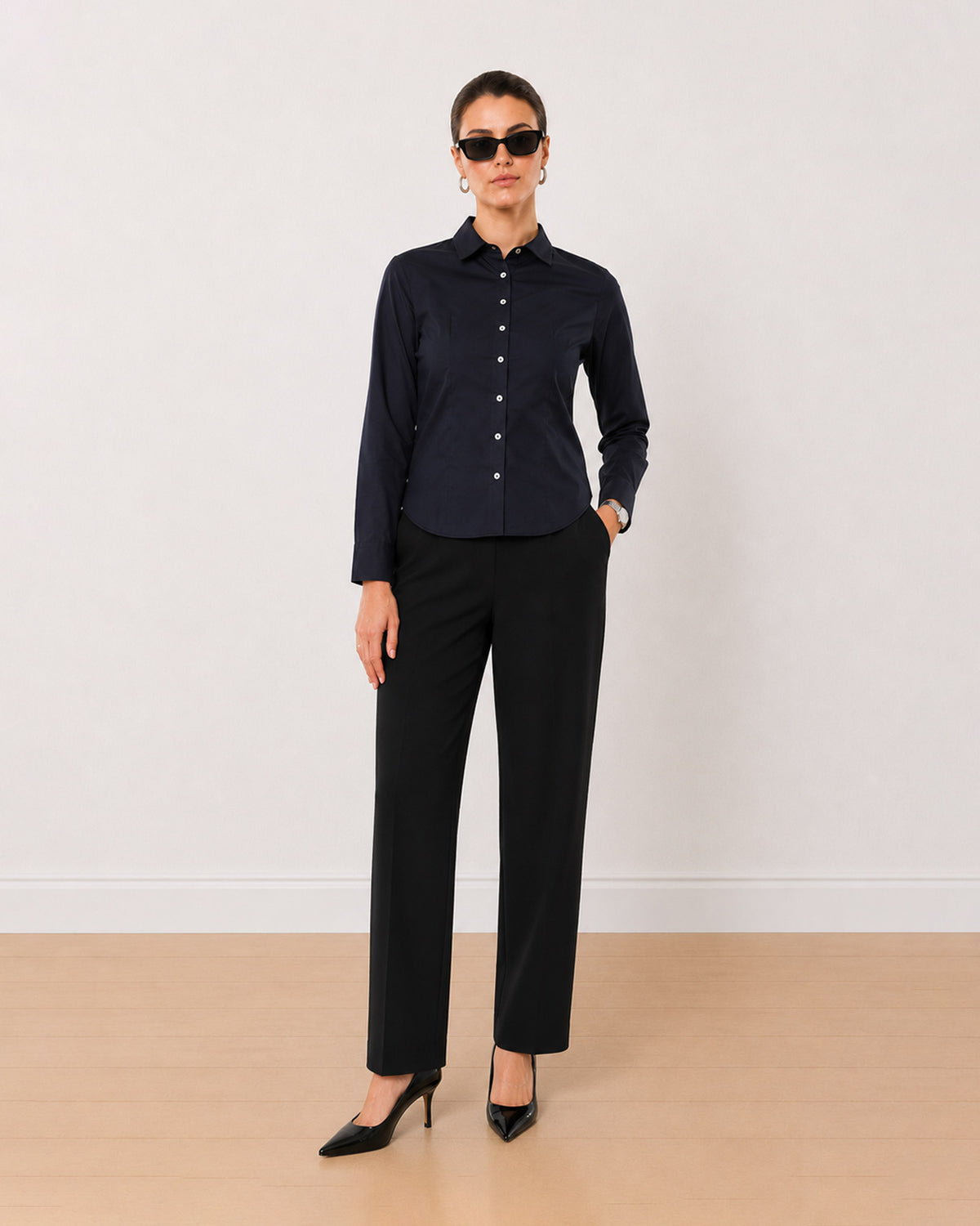 Gazillion Armani bright navy 100% cotton satin formal shirt for women, front view