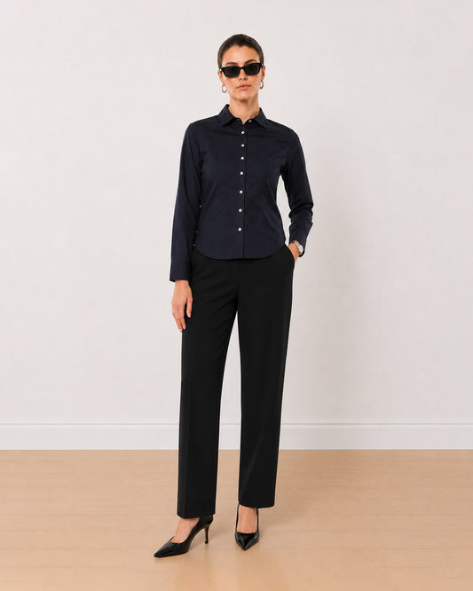 Gazillion Armani bright navy 100% cotton satin formal shirt for women, front view