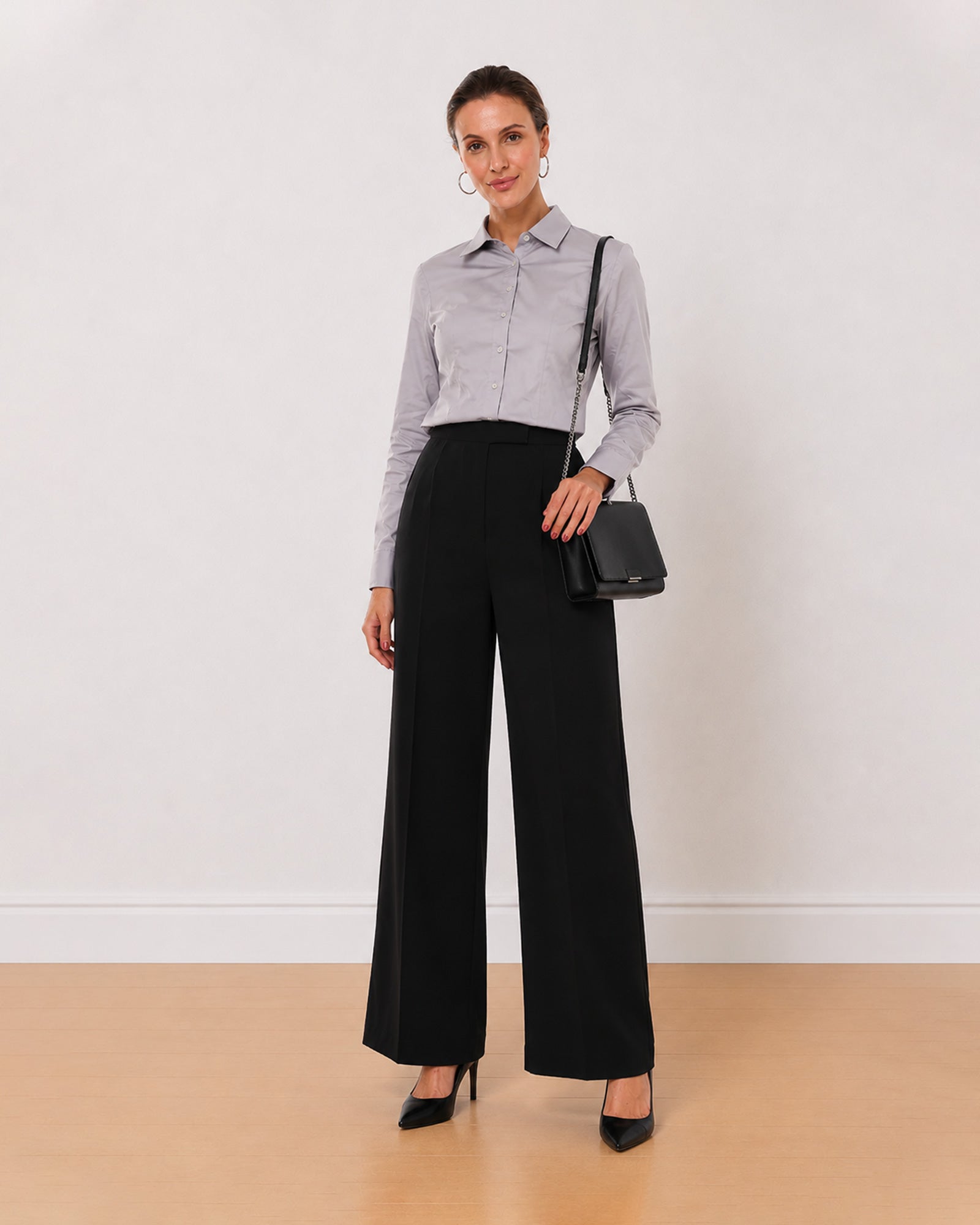 Gazillion Armani light grey 100% cotton satin formal shirt for women, front view
