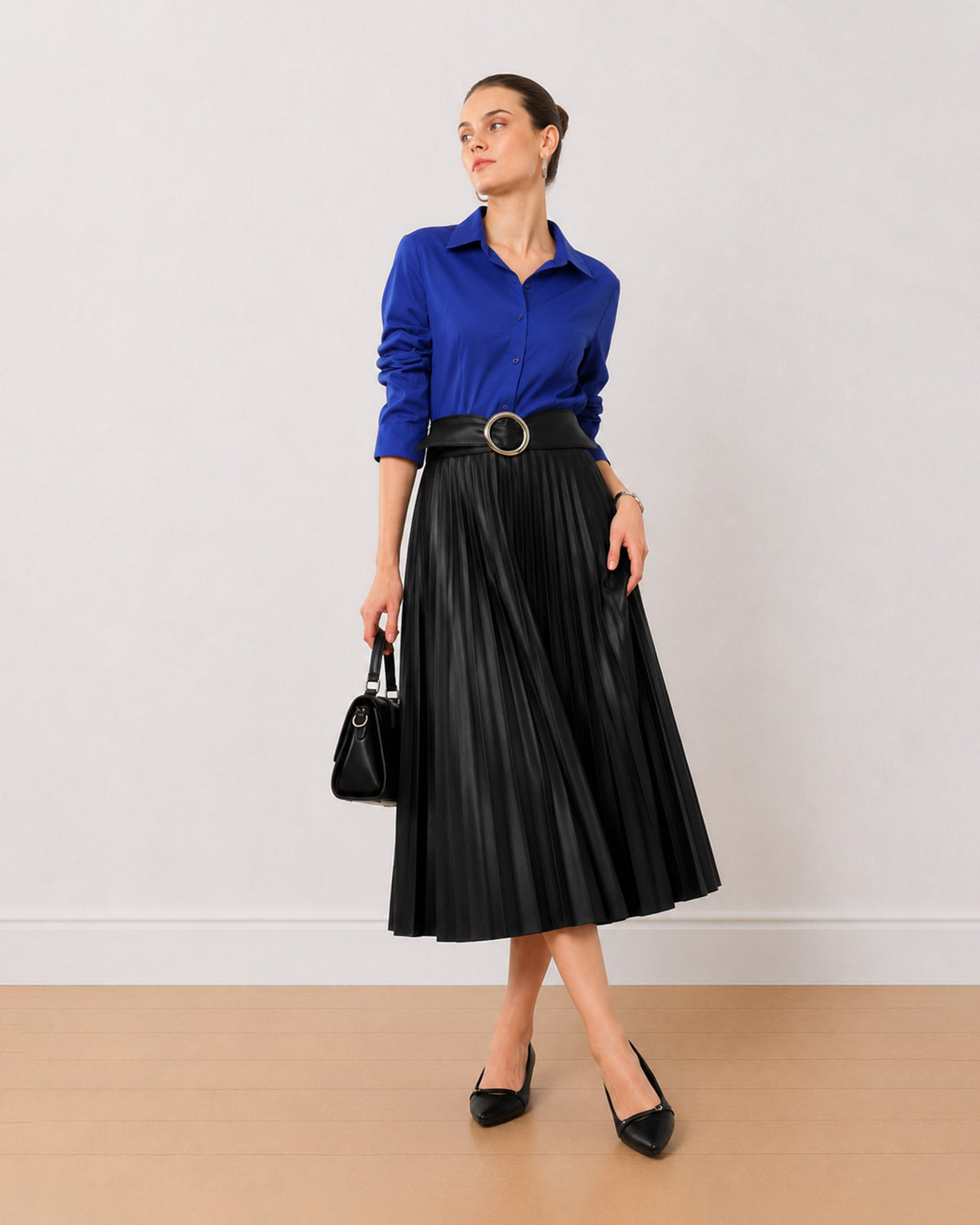Armani royal blue 100% cotton satin formal shirt, angled front view