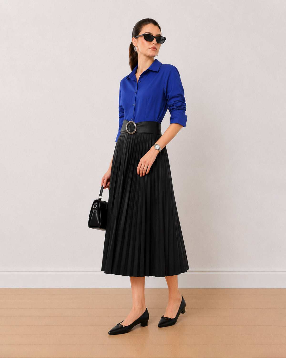 Armani royal blue cotton satin shirt, angled view with the snug Munich fit