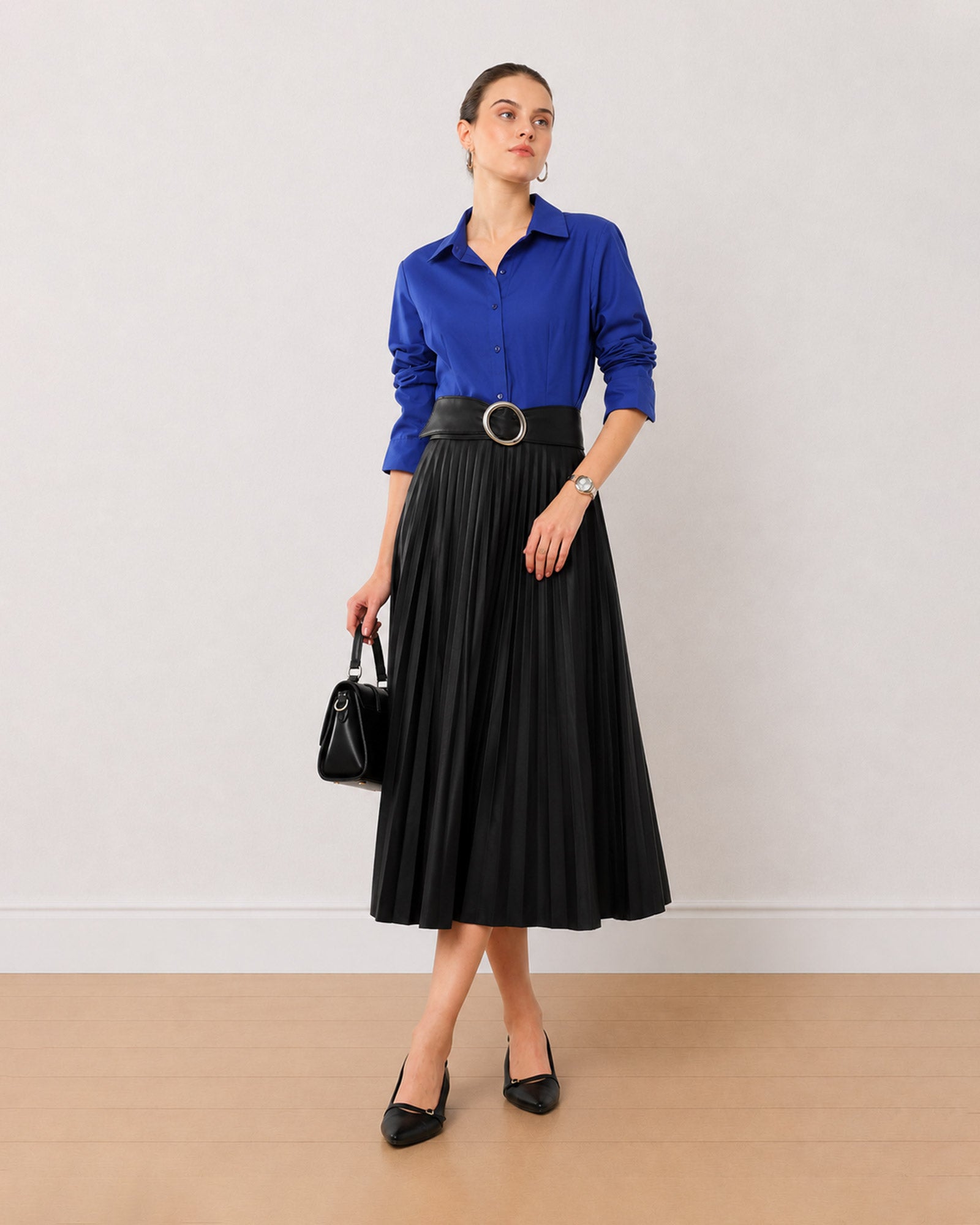 Gazillion Armani royal blue 100% cotton satin formal shirt for women, front view