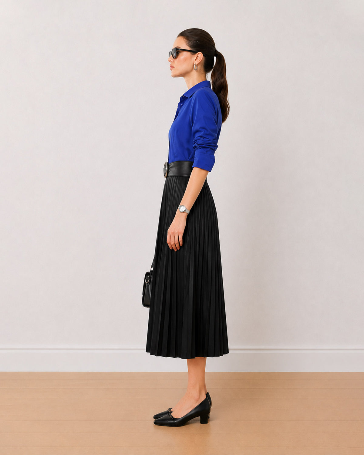 Armani royal blue cotton satin formal shirt side profile with the curved hem