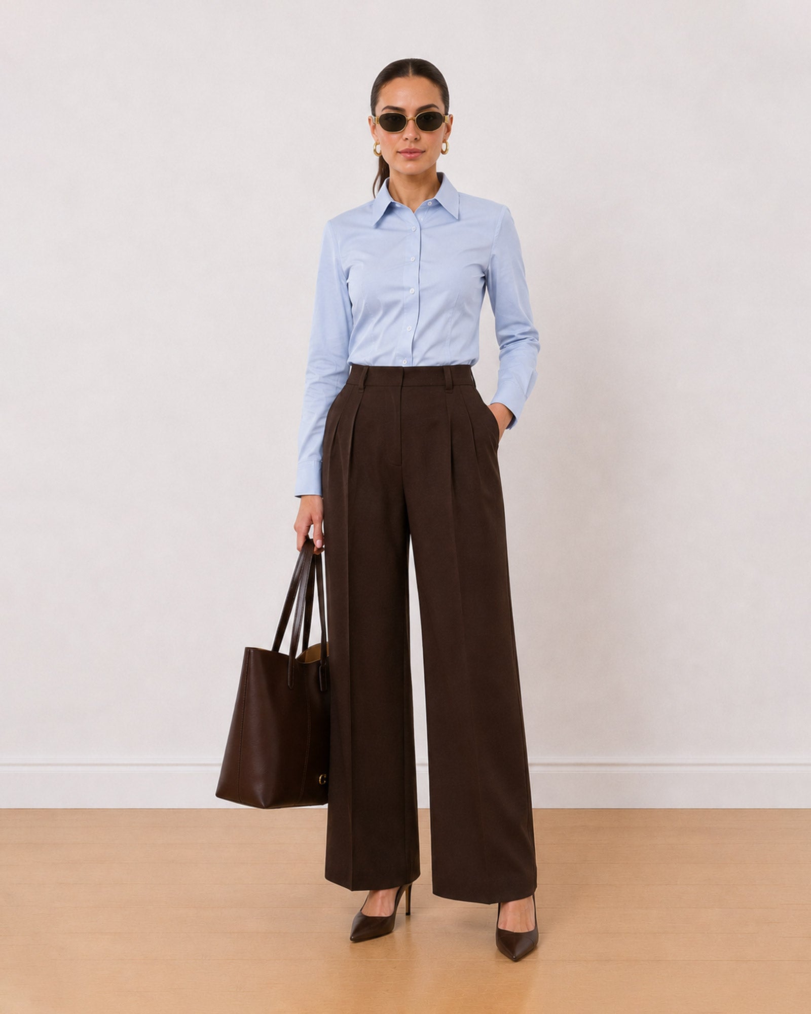 Gazillion Armani sky blue 100% cotton satin formal shirt for women, front view