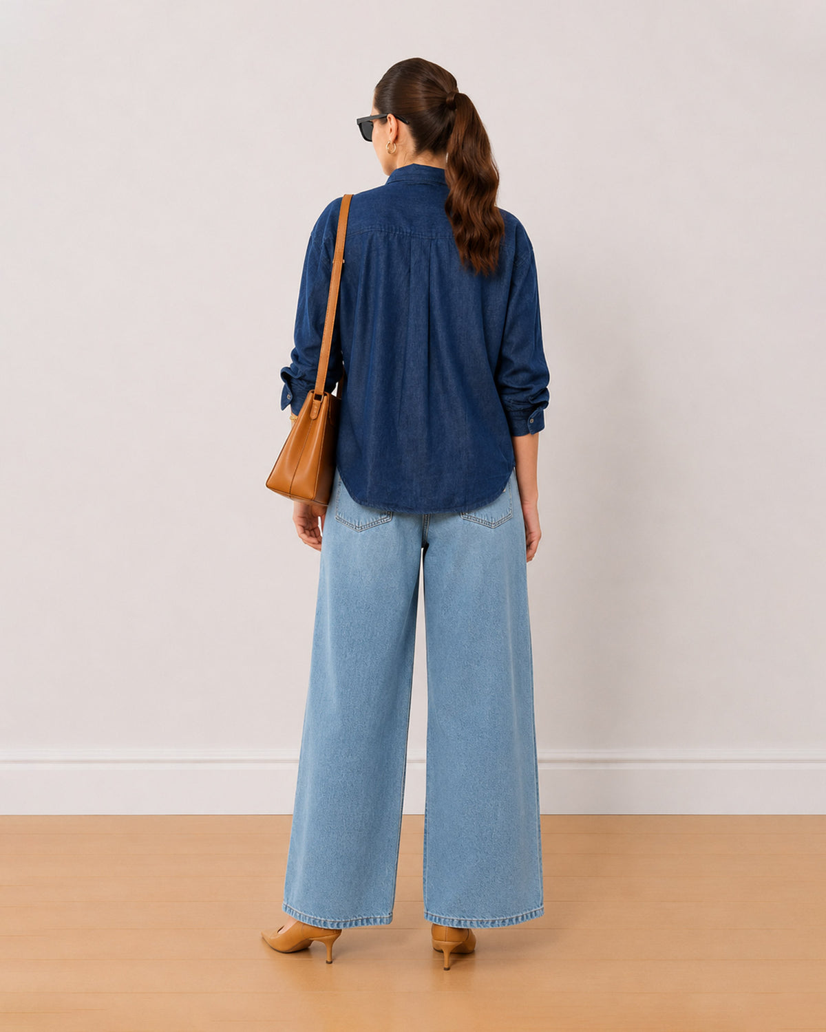 Athena indigo denim oversized shirt back view with the gathers at the yoke
