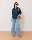 Gazillion Athena indigo denim oversized shirt for women, full length front view