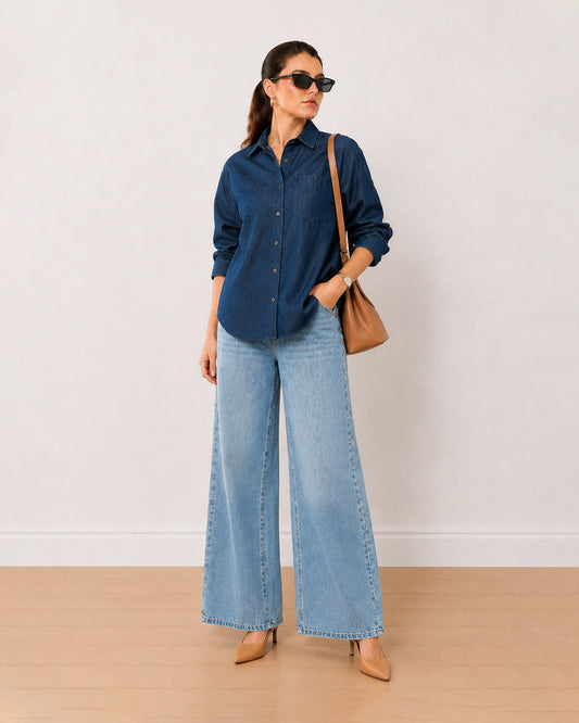 Gazillion Athena indigo denim oversized shirt for women, full length front view