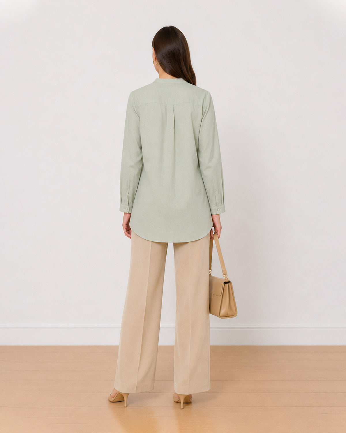 Audrey sage green 100% cotton tunic shirt back view with the long tunic length