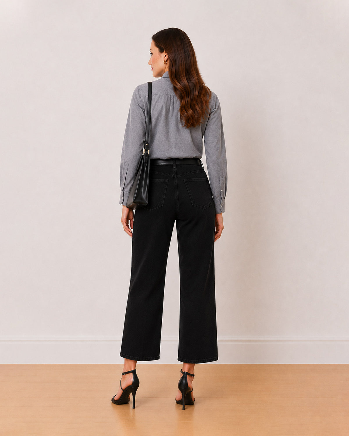 Aura grey 100% Oxford cotton chambray utility shirt back view, tucked in