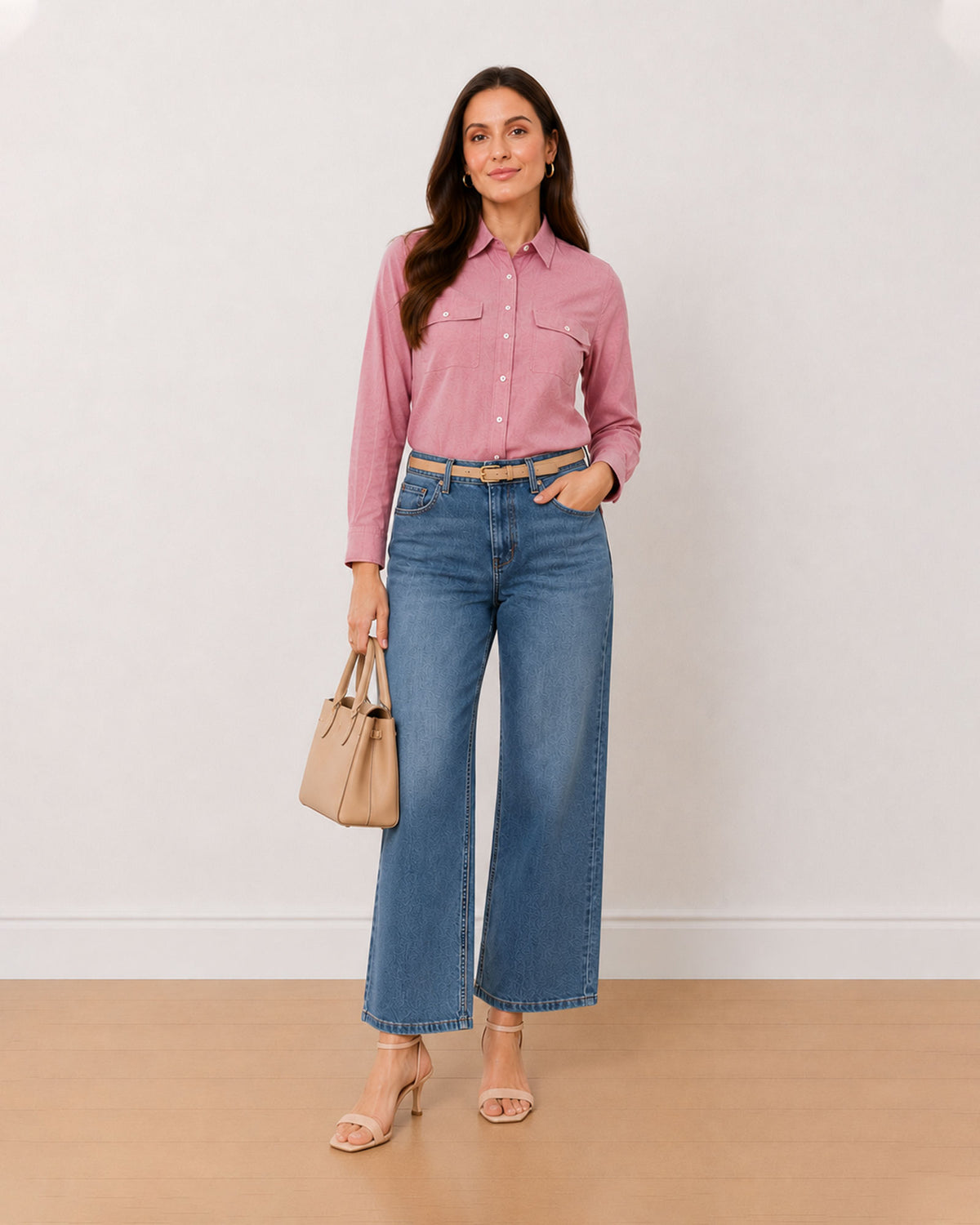 Aura pink Oxford cotton chambray utility shirt, angled front view with pockets