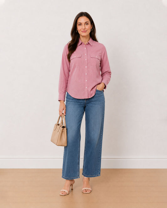 Gazillion Aura pink Oxford cotton chambray utility shirt for women, front view
