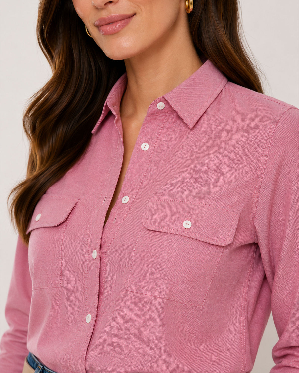 Aura pink chambray shirt placket, utility pocket and hidden dignity buttons