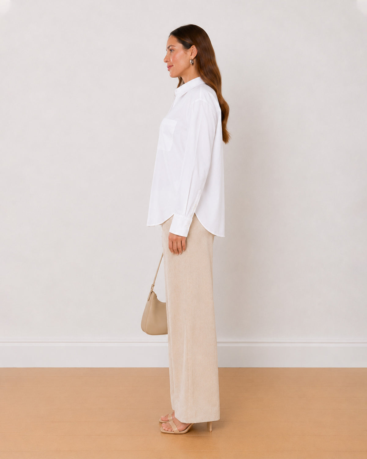Ava white Oxford cotton oversized shirt side profile with the side slit