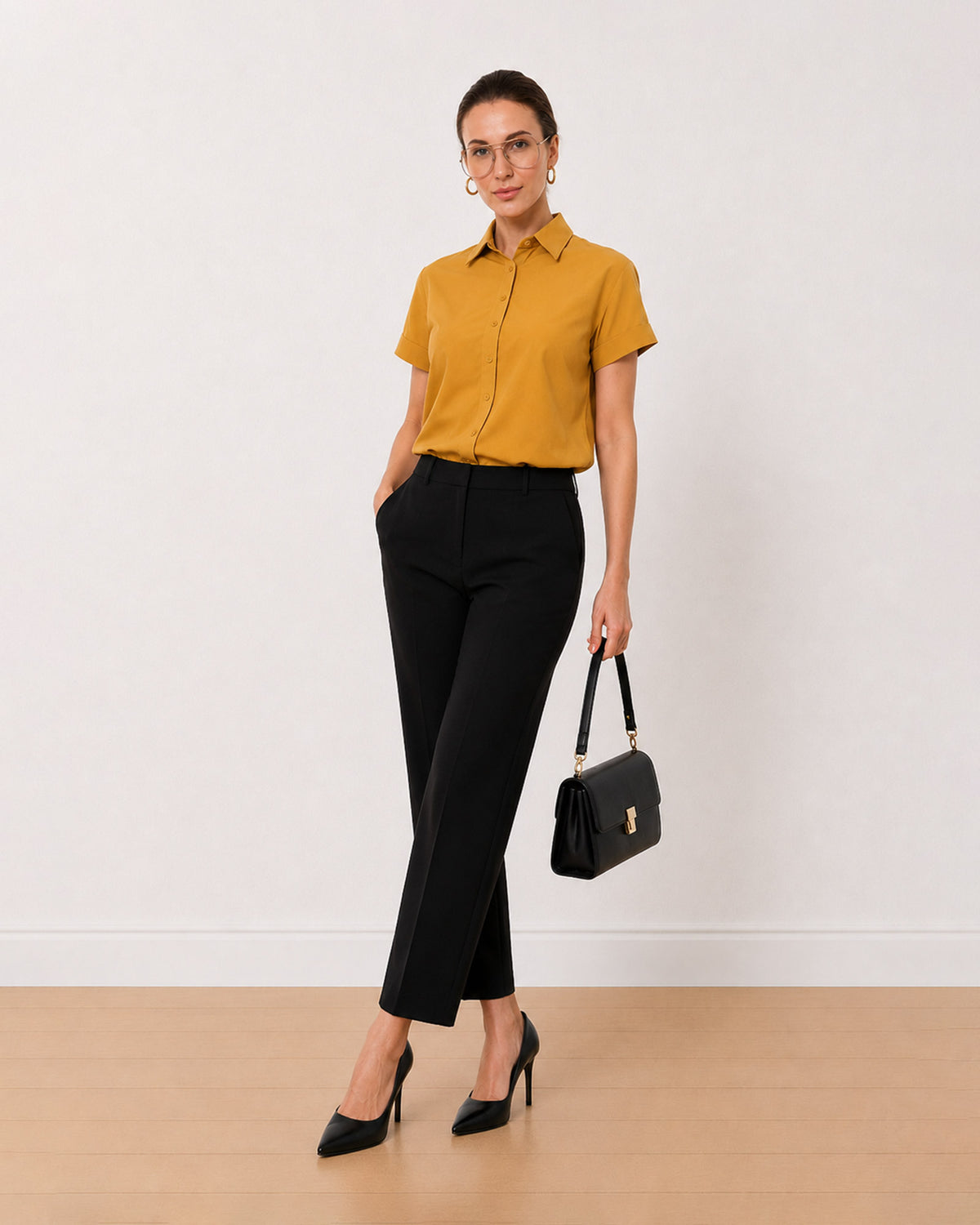 Avony mustard yellow formal half sleeves shirt, angled front view, smart workwear