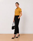 Avony mustard yellow formal shirt, angled view with the half sleeves and cuffs