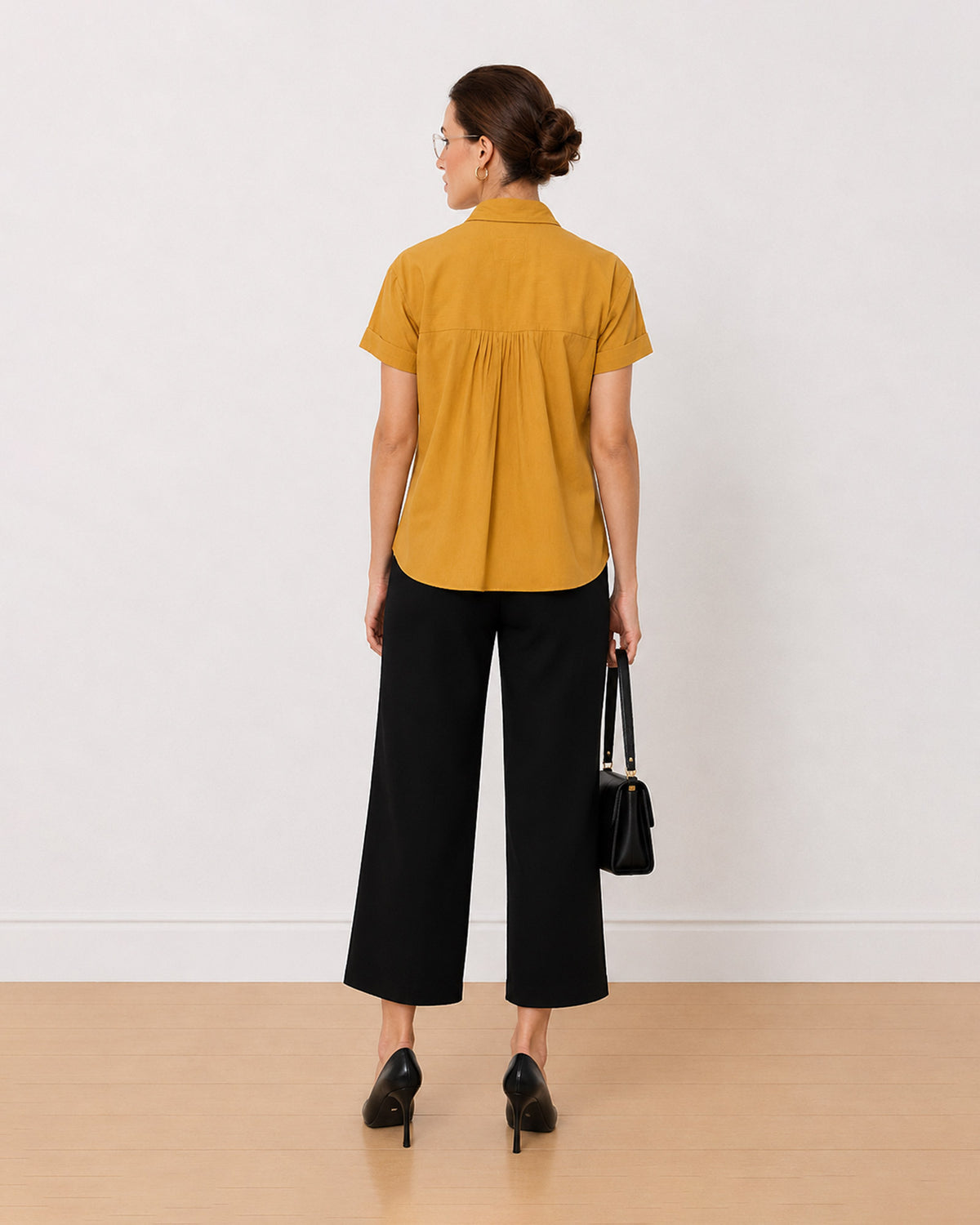 Avony mustard yellow formal shirt back view with the gathers at the yoke