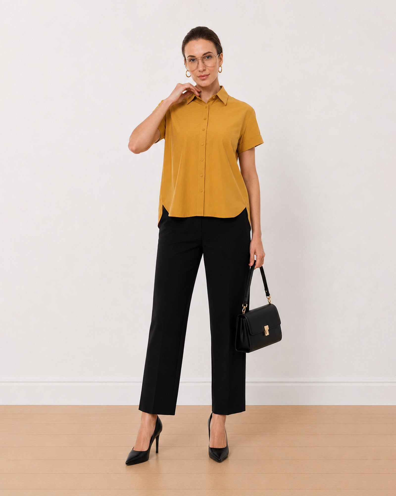 Gazillion Avony mustard yellow formal half sleeves shirt for women, front view