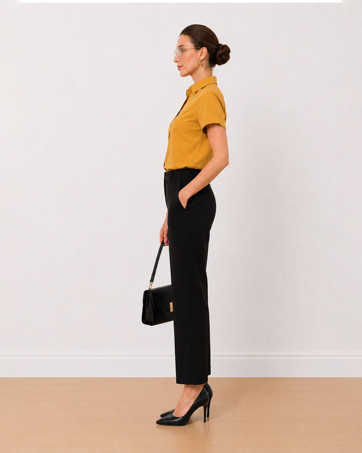 Avony mustard yellow formal half sleeves shirt side profile with the curved hem
