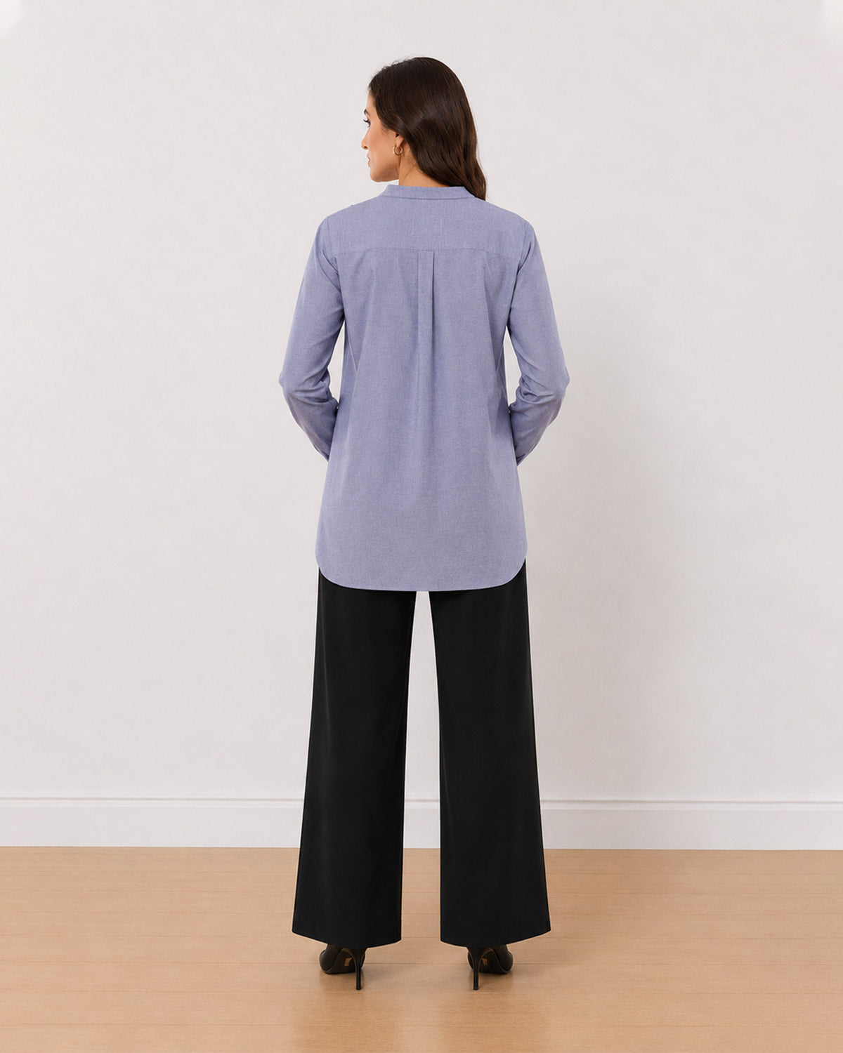 Azzurra blue-grey 100% cotton chambray tunic shirt back view with full sleeves