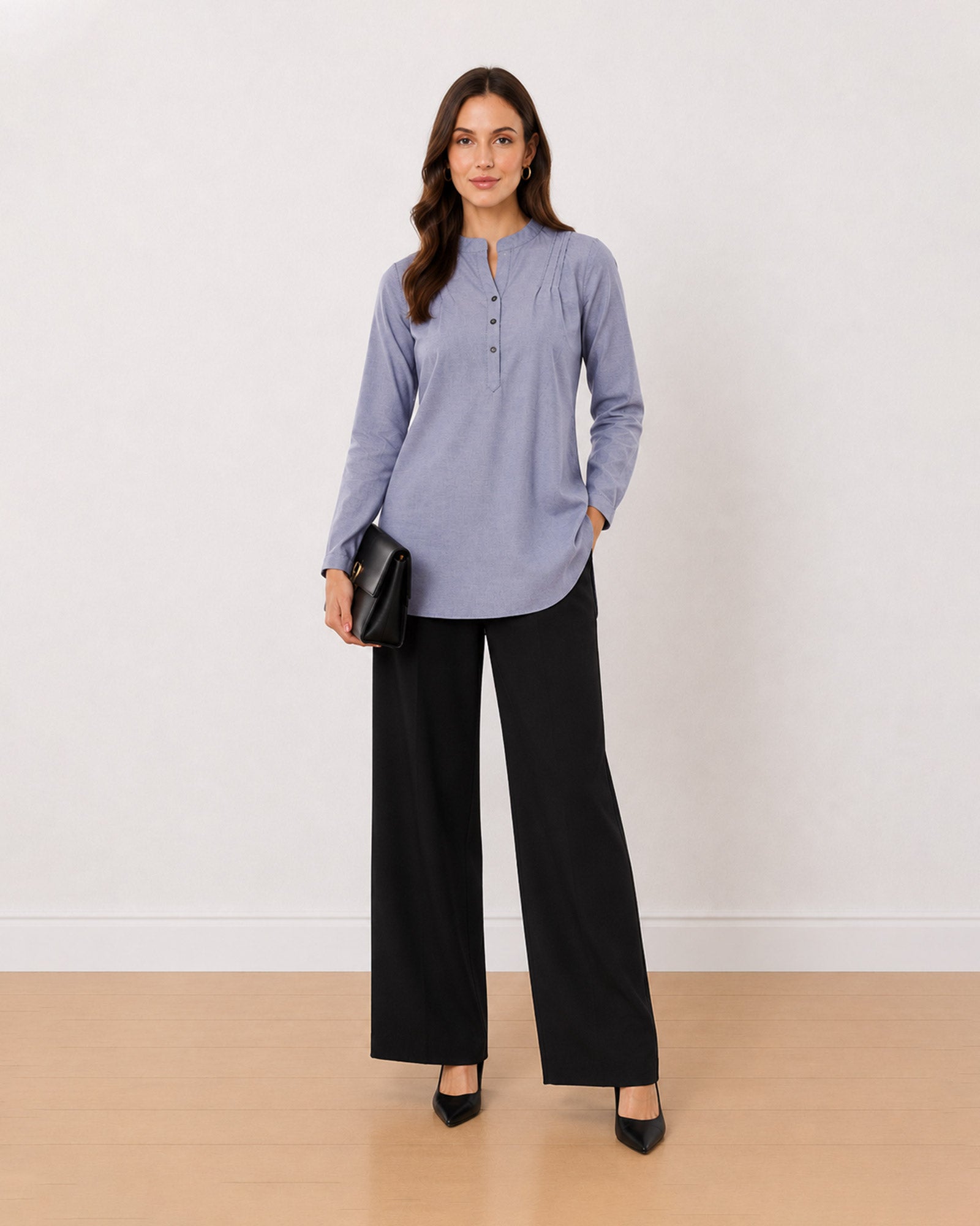 Gazillion Azzurra blue-grey cotton plus size chambray tunic shirt for women, front view