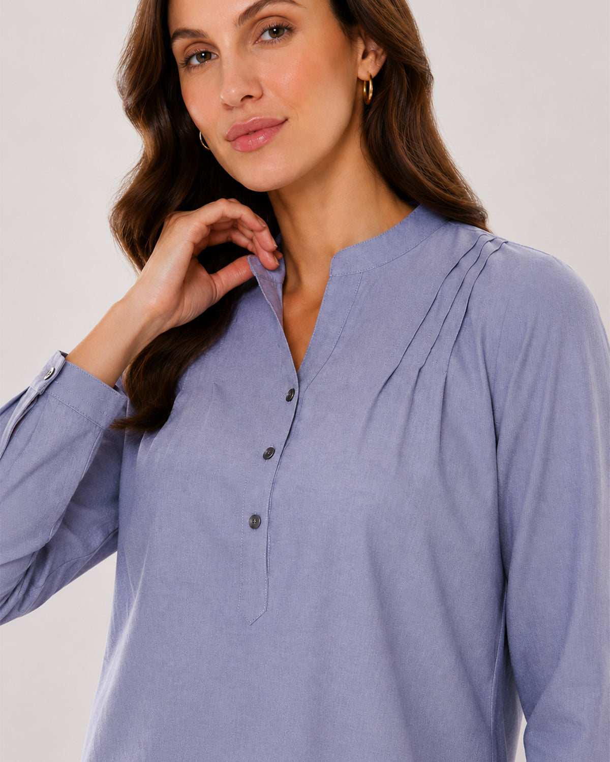 Azzurra blue-grey chambray tunic shirt triple shoulder darts close-up view