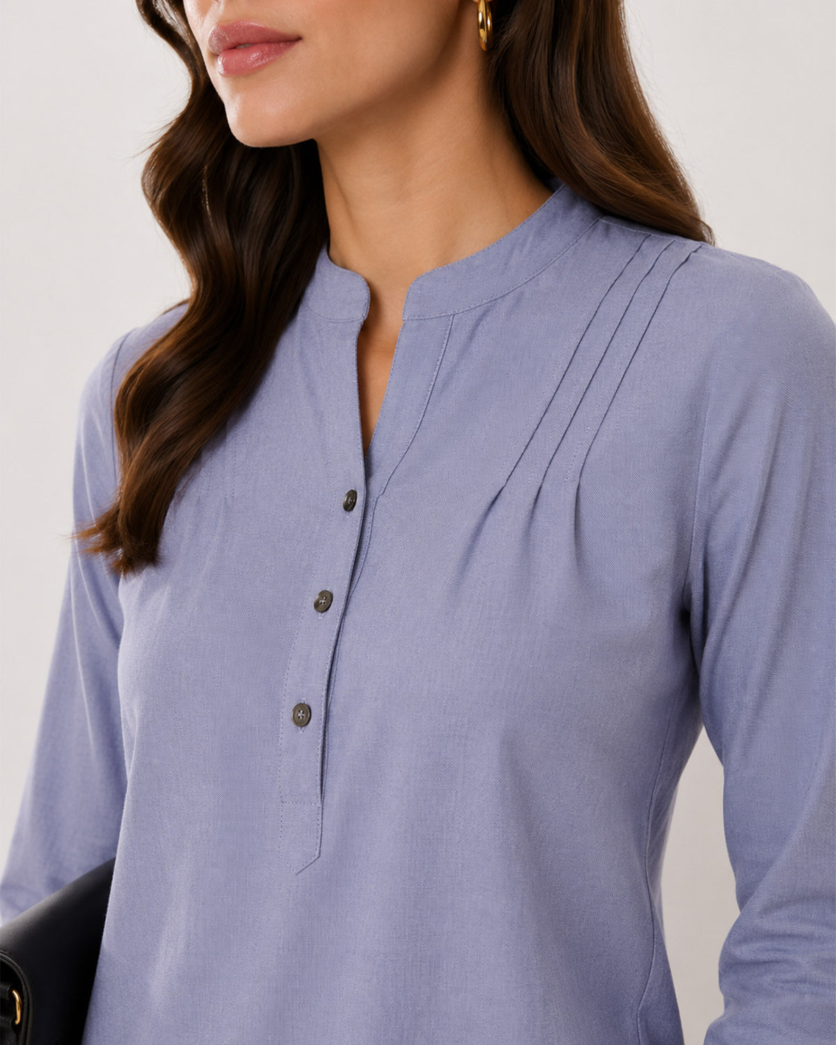 Azzurra blue-grey cotton tunic shirt stand collar with V-neck and half placket dignity buttons