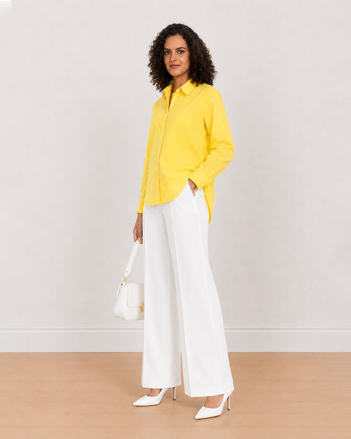 Bali bright yellow cotton poplin shirt, angled front view with drop shoulder and full sleeves