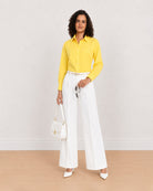 Gazillion Bali bright yellow 100% cotton poplin shirt for women, full length front with curved hem