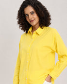 Bali bright yellow cotton shirt close-up of the drop shoulder and full sleeve cuff