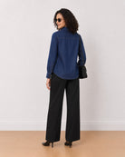 Banita medium blue denim shirt back view with drop shoulder and full sleeves