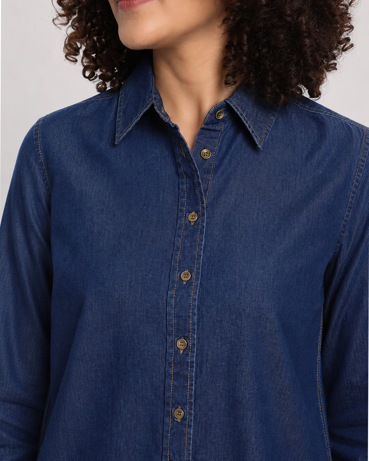 Banita medium blue denim shirt collar with copper buttons and hidden dignity buttons