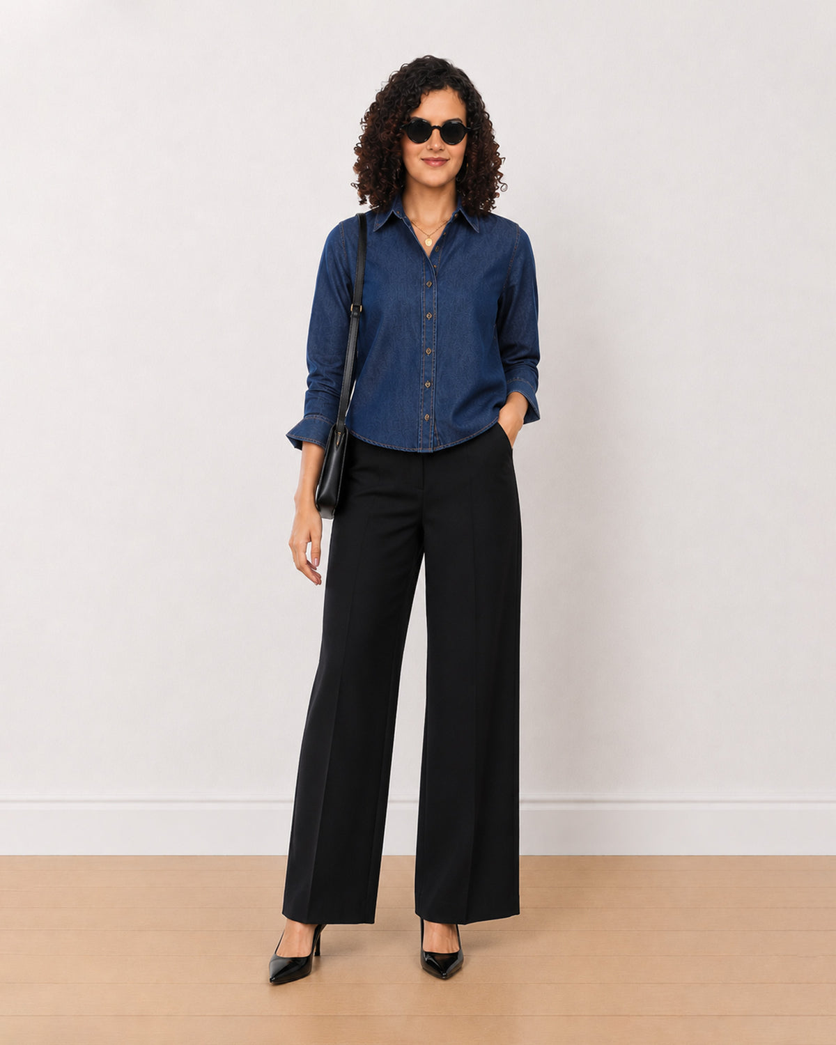 Gazillion Banita medium blue denim shirt for women, full length front view with the long curved hem