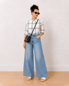 Barbara powder blue brushed cotton checks shirt buttoned up, front view of the oversized fit