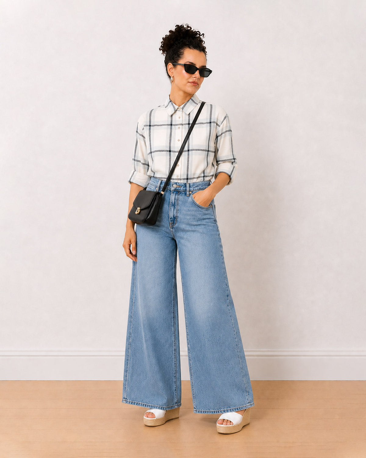 Barbara powder blue brushed cotton checks shirt buttoned up, front view of the oversized fit