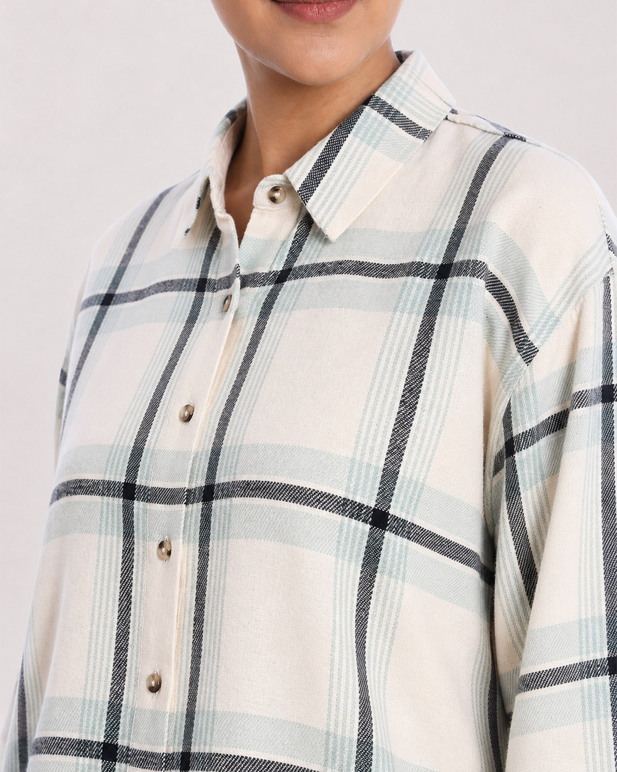 Barbara powder blue brushed cotton checks collar with tan hidden dignity buttons